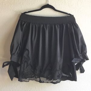 On off shoulder black blouse tie cuff lattice hem witchy date night S